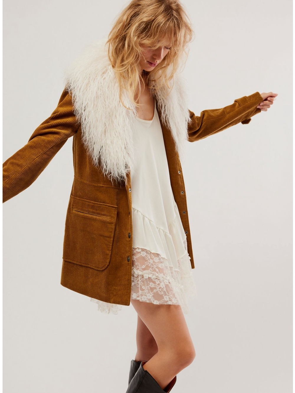 NWOT free people Lady Lane Corduroy Coat with Cream Faux Fur Collar